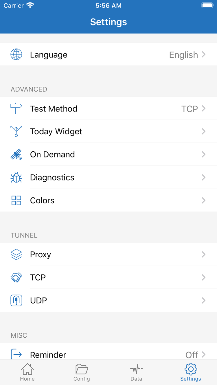 Shadowrocket의 Settings 화면입니다. Language, Test Method, Today Widget, On Demand, Diagnostics, Proxy, TCP, UDP 설정 항목이 표시됩니다.