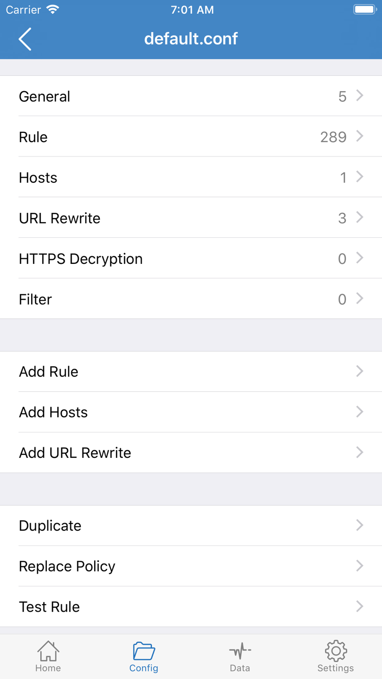 Shadowrocket의 Config 구성 파일 편집 화면입니다. General, Rule, Hosts, URL Rewrite, HTTPS Decryption 섹션과 Add Rule 입력 경로가 표시됩니다.
