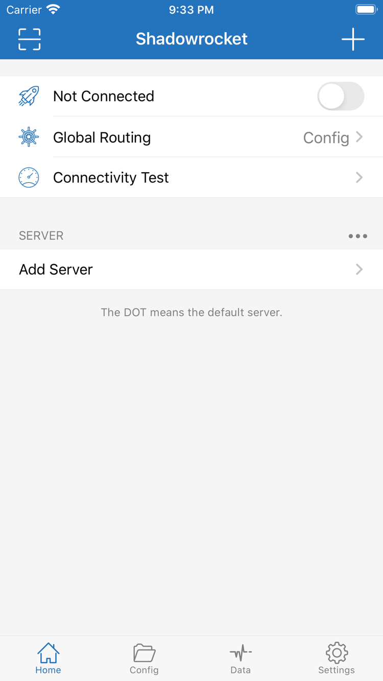 Shadowrocket의 Home 화면입니다. 상단에 Not Connected 상태와 연결 스위치가 있고, Global Routing, Connectivity Test, SERVER 그룹, Add Server가 표시됩니다.